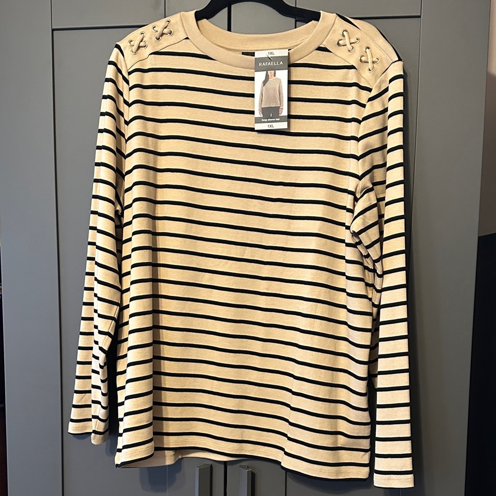 Rafaella Women's Beige and Black Striped Long Sleeve Top